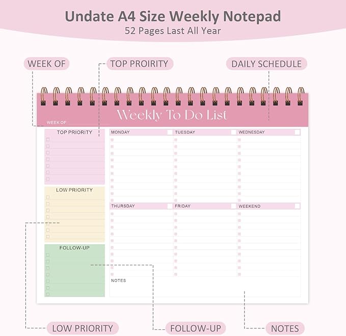 Weekly To Do List Notepad with 52 Undated Sheets (8.5"×11"), Desk Weekly Planner Notepad for Office Desk Accessories and School Supplies (Pink)