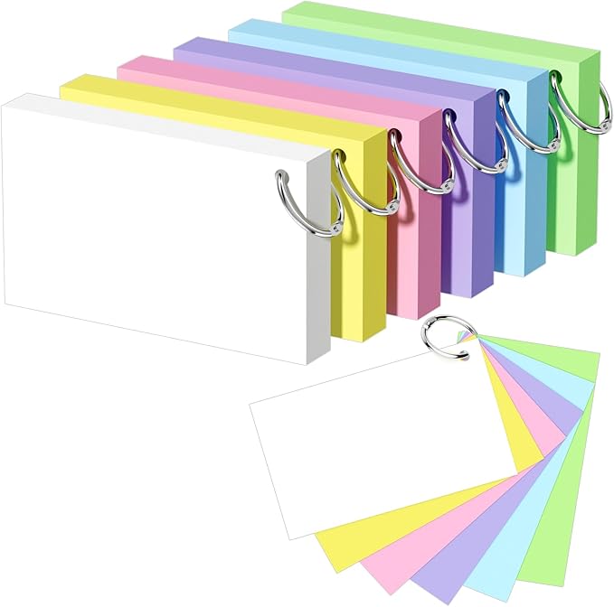 Blank Index Cards with Ring, 300PCS Blank Notecards 3 x 5 Flashcards for Studying，Unruled Flash Note Cards 3'' x 5'' Unlined Index Cards Bulk for College Nursing School Supplies, 6 Pack of 50, Colored