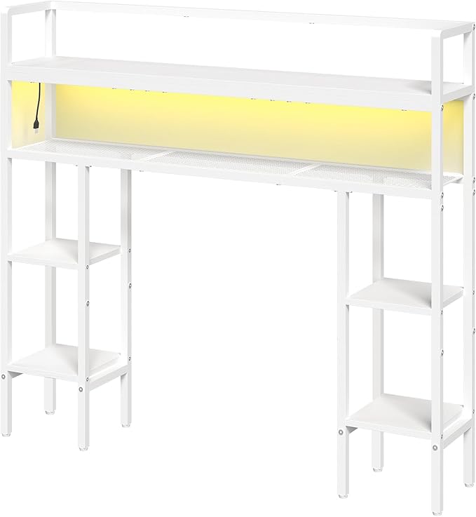 Desktop Shelf with LED Light Strip, Desktop Hutch with Adjustable Feet and Anti-Tip Kit, Storage Shelf with Particleboard Shelves and Wire Mesh, for Study, Home Office, White DSWT9801