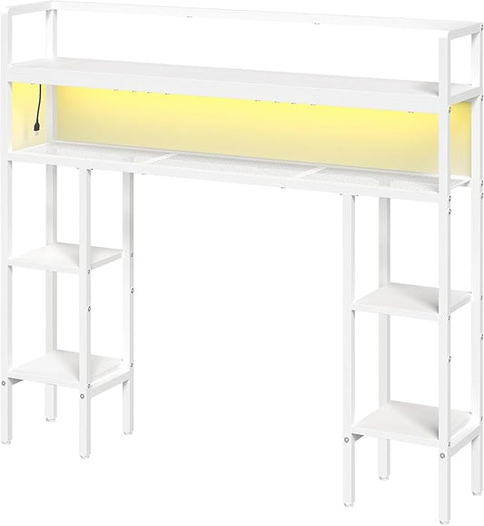 Desktop Shelf with LED Light Strip, Desktop Hutch with Adjustable Feet and Anti-Tip Kit, Storage Shelf with Particleboard Shelves and Wire Mesh, for Study, Home Office, White DSWT9801