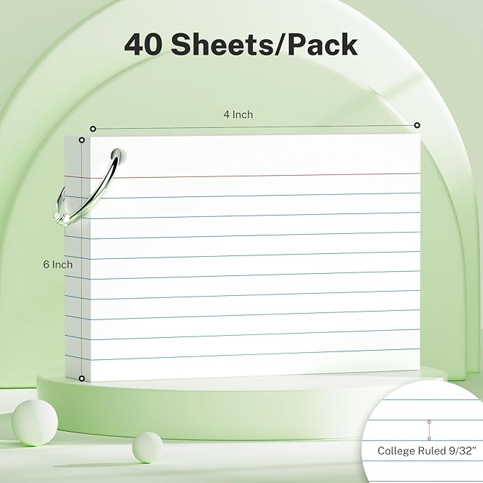 160 Pcs Index Cards with Ring 4 x 6 Inch White Heavyweight Ruled Flash Cards, Flashcards with Ring for School & Office Supplies and Home Organization, Durable Study To Do List Lined Note Cards