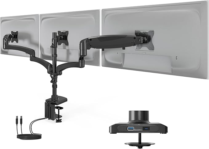 Mount-It! Triple Monitor Mount Desk Stand, 3 Monitor Desk Mount with Gas Spring Arms, Fits 13–32 Inch Screens up to 17.6 lbs per Arm, VESA 75 & 100, Clamp or Grommet Base, USB-A & C Ports, Black