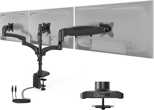 Mount-It! Triple Monitor Mount Desk Stand, 3 Monitor Desk Mount with Gas Spring Arms, Fits 13–32 Inch Screens up to 17.6 lbs per Arm, VESA 75 & 100, Clamp or Grommet Base, USB-A & C Ports, Black