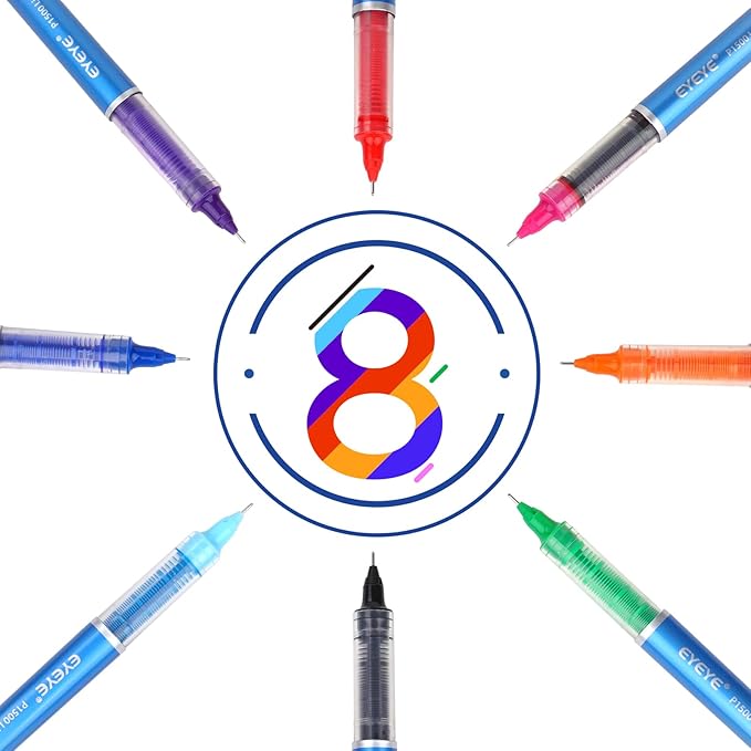 EYEYE 0.5mm Roller Ball Pens 8 Assorted Colors, Quick Drying Liquid Ink Needle Rollerball Pens Extra Fine Point Smooth Writing Pen for Journaling, Note Taking, Office, School Supplies & Gifts