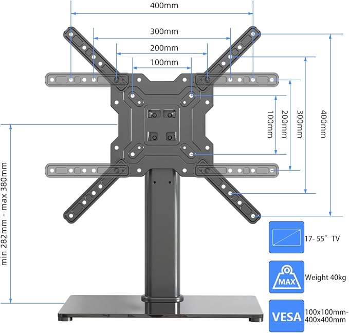 Universal TV Stand Base, Table Top TV Stand for 17-55 Inch LCD/LED TVs, Height Adjustable Monitor Mount Stand with Tempered Glass Base Holds up to 88lbs VESA 400x400mm, TS102