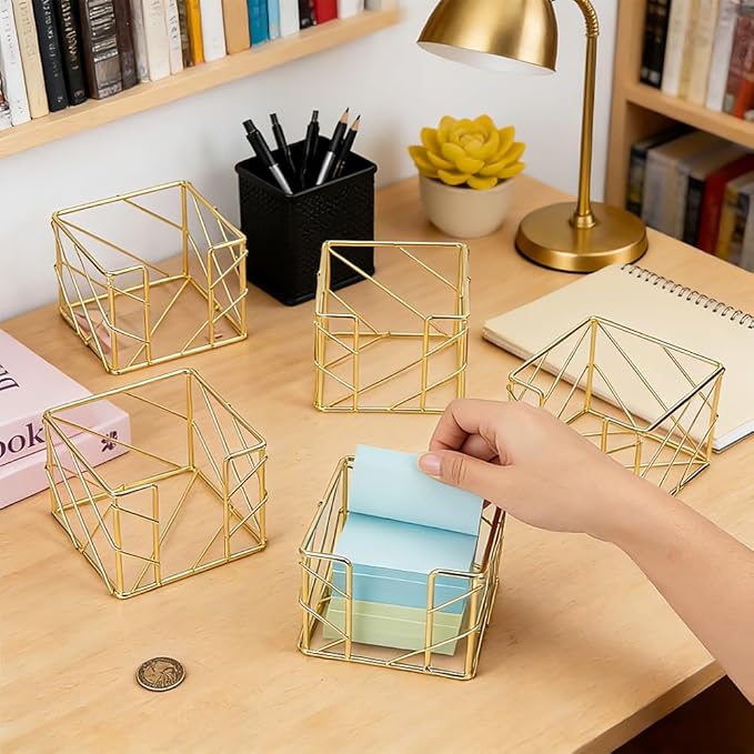 6 Pcs Sticky Note Holder, Memo Note Cube Holder 4x4x3.15Inch Mesh Desk Organizer for Notepads Pens Home Office Desk Supplies (Gold)