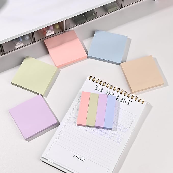 BAYTORY 6 Pads Pastel Sticky Notes, Memo Self-Stick Note, Index Tabs Easy to Post for School Office Notebook (3x3 & 3x0.7 Inch)