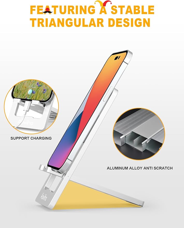 Phone Stand for Desk, Ultra-Thin Foldable Aluminum Phone Holder, Portable Travel & Office Cell Phone Stand Compatible with iPhone 17 16 15 14 13 12 Pro Max, Fits 3.7"-7" Devices, Silver