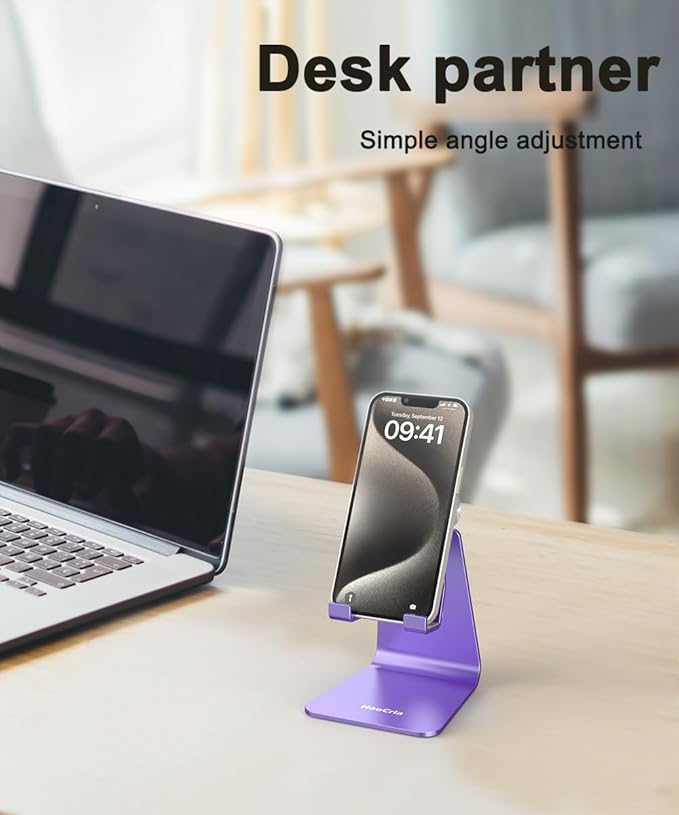 Cell Phone Stand for Desk- Adjustable Phone Stand Holder, Cradle, Dock, Desktop Stand for iPhone 17 16, 15, 14, Plus, Pro, Pro Max, 13 12 X XS,4-8" Phones, Office Accessories (Purple)