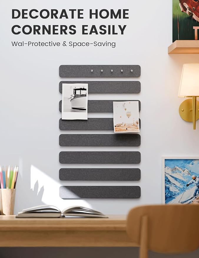 Fluxynara Cork Board Alternative Felt Strip Board 8-Pack 13"x2", Office Pin Board with 50 Push Pins, Adhesive Install for Bedroom Door & Home Office(Charcoal Gray)