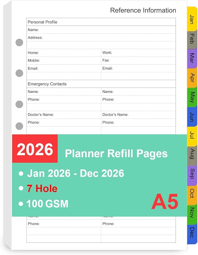 Tiankool 2026 Planner Refill for A5 7-Ring Binder,Weekly & Monthly Planner Inserts Runs from Jan 2026 to Dec 2026, 5-3/4" x 8-1/4"