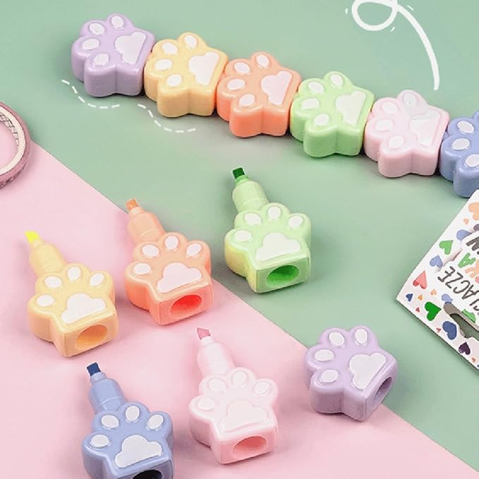 Set of 5 Cute Cats Paw Shape Color Highlighter Markers with 1 Cap, Multicolor Highlighter Pens for Office.