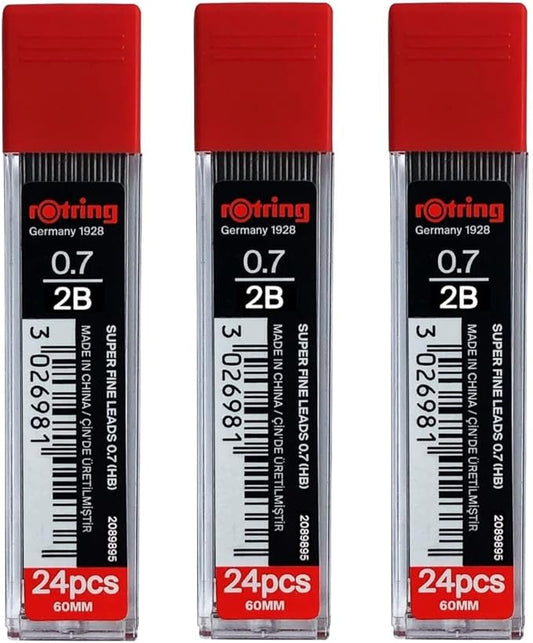 rOtring 0.7mm 2B Super Polymer Pencil Lead - Pack of 3 Tubes - 72 Leads in Total - Refills for Mechanical Pencils