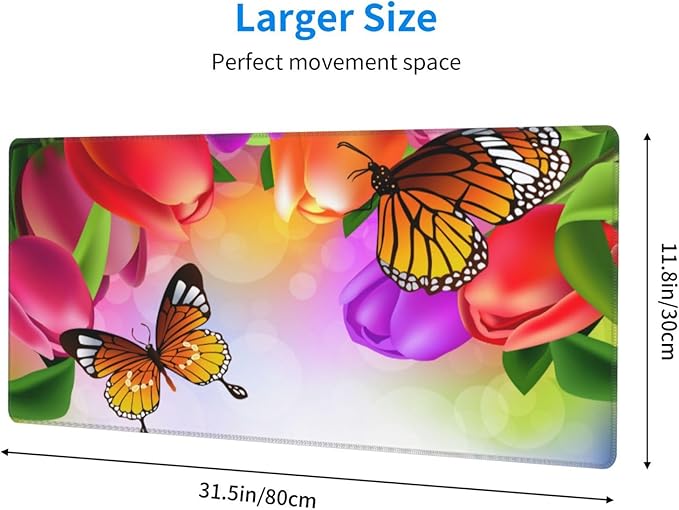 Tulip Flowers and Butterfly Large Mouse Pad with Stitched Edges Long Non-Slip Rubber Base Mousepad Laptop Keyboard Mat Desk Pad for Office Home Desk Decor, 31.5" X 11.8"