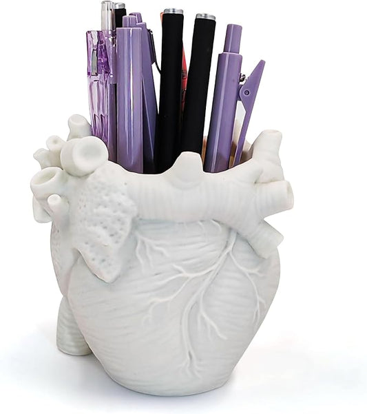 Heart-shaped Pen Holder for Desk Accessories Halloween Decor and Office Decor, Pencil Holder for Desk Organizers, Compact Desk Accessories Gift, Pencil Cup for School, Office, Home (White)
