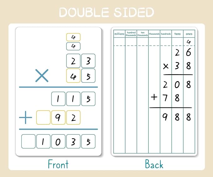 Set of Dry Erase Multiplication and Division Practice White Board, 8" x 12" 2-Digits Mathematics Board with a 4" x 2.5" Multiplication Chart Board for Kids Students, Classroom and Home.