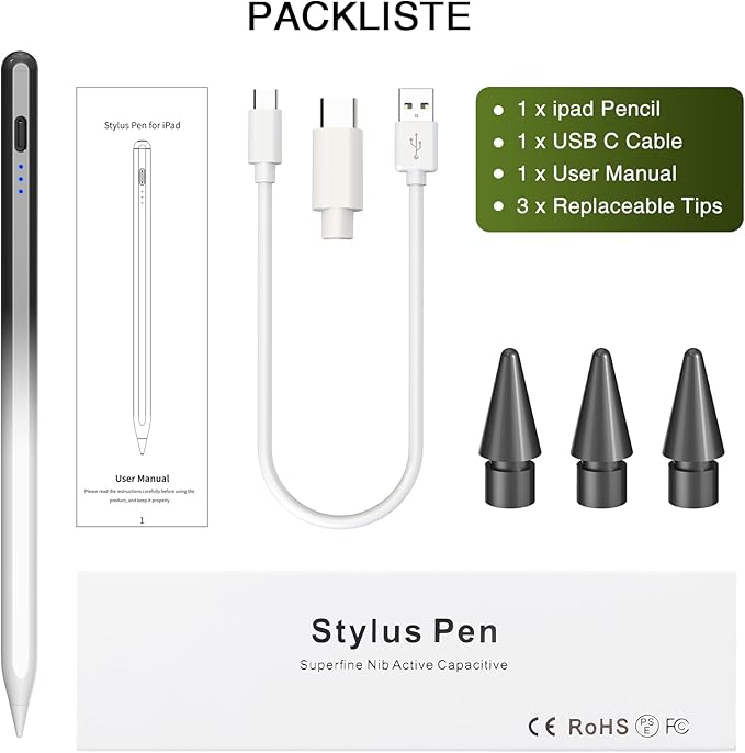 Pen for iPad 2018-2025, HATOKU 15 Mins Fast Charging Pencil 1st Generation with Tilt & Palm Rejection for iPad Air 3/4/5/M2/M3, iPad Mini 5/6/7, iPad 6/7/8/9/10/11, iPad Pro 11/12.9/M4/M5(Black White)