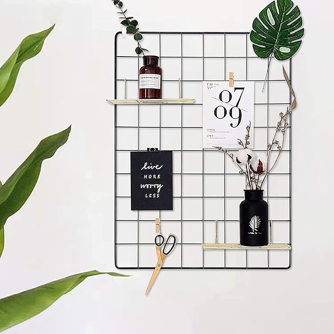 C&AHOME Photo Wall Grid Panel Set of 2, Decor Grid Panel, Photo Display Shelves, Hooks, Clips, Hemp Cord, Hammer, 15.7" 11.8", Black UWWGM3402B