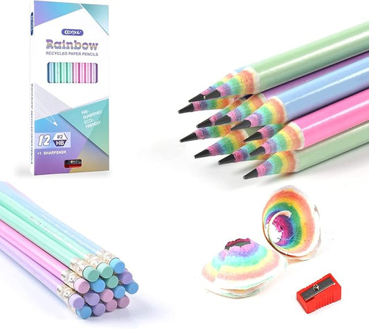ECOTREE Pre-Sharpened Pencils #2 Cute Number 2 Pencils with Erasers for Kids Eco Rainbow Paper Pencil for School, Writing, 12 Count