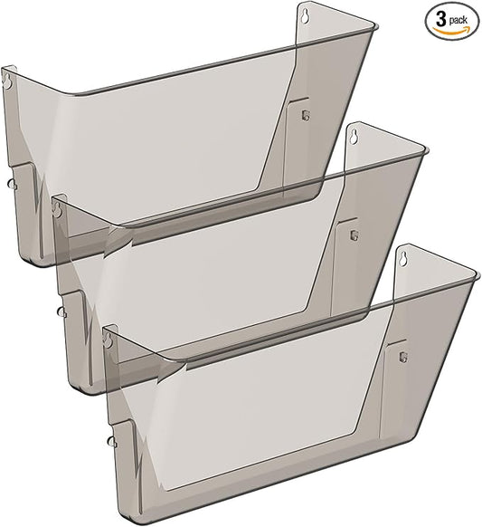 Clear Acrylic Single Pocket, Plastic Hanging Wall Mount File Holder for Office Home (Gray, 3 Pack)