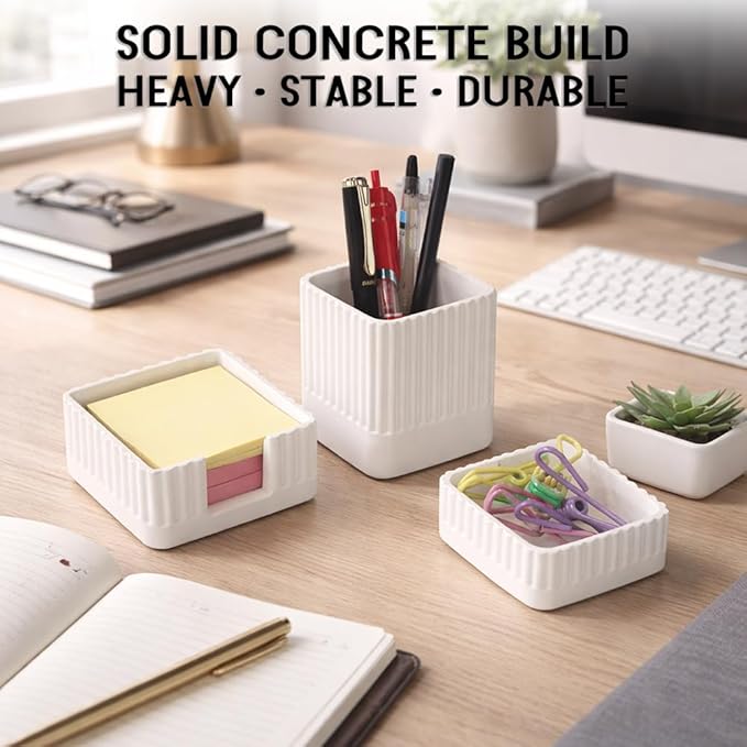 Aesthetic Concrete Desk Organizer Set of 3 - Stylish & Durable Office Accessories - Includes Pen Holder, Paperclip Storage, and Sticky Note Holder for a Clean, Modern Workspace (White)
