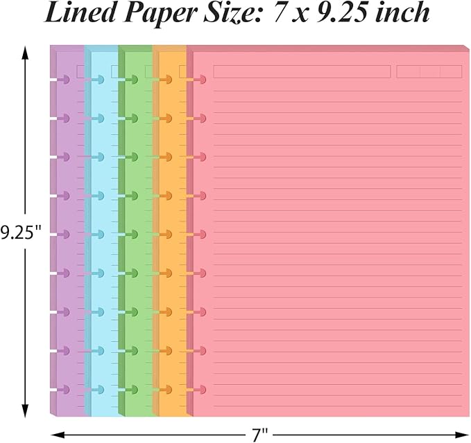9-Disc Discbound 5 Colorful Line Paper Pre-punched Happy Planners Inserts, 100Sheets/200Pages Classic Size Line Loose-Leaf Paper, Per Color 20 Sheets, 7" x 9.25"