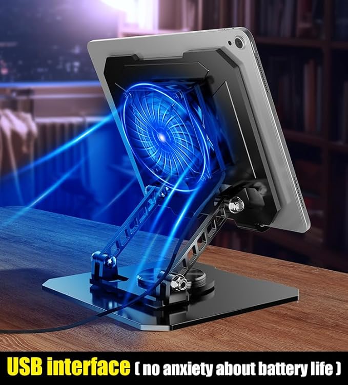 360° Rotating Tablet Desk Stand Holder with USB Cooler，Carbon Steel Frame Dual Rod Mount Support for iPad Pro 13 12 11 Air Mini 5 4 3 Samsung Tab E-Reader (Black with Built-in Cooler)