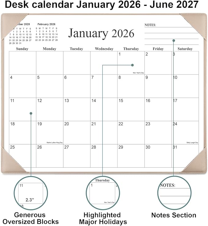 Simplified Desk Calendar 2026 with Desktop Mat, 18 Month Large Desk Pad Calendar from January 2026 to June 2027, 22" x 17" Desk Pad Calendar 2026-2027 for Home, School Office, Beige