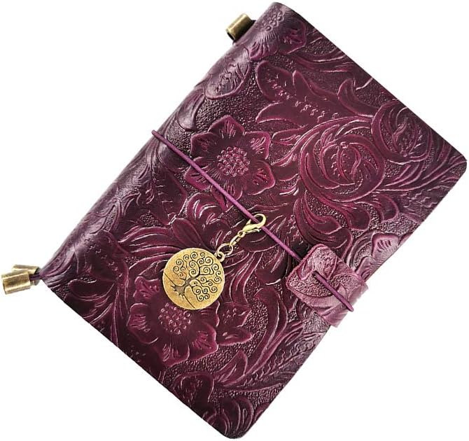 Refillable Leather Journal, Handmade Purple Leather Notebook with Bookmark for Men & Women, Vintage Notepad Sketchbook Perfect for Writing, Gifts, Travelers (Purple, Passport)