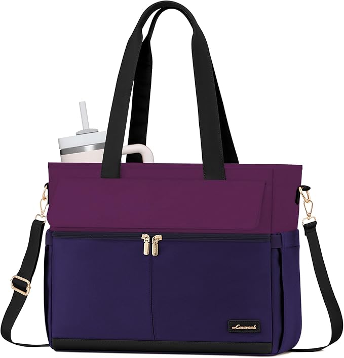 LOVEVOOK Laptop Bag for Women 15.6 Inch Canvas Laptop Large Capacity Work Bags Mutiple Pockets Teacher Bag Water Resistant Computer Bags for Business Travel Nurse, Dark Purple-Black