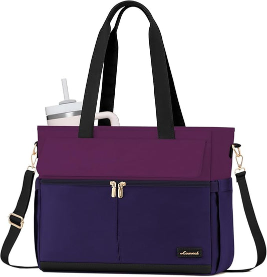 LOVEVOOK Laptop Bag for Women 15.6 Inch Canvas Laptop Large Capacity Work Bags Mutiple Pockets Teacher Bag Water Resistant Computer Bags for Business Travel Nurse, Dark Purple-Black
