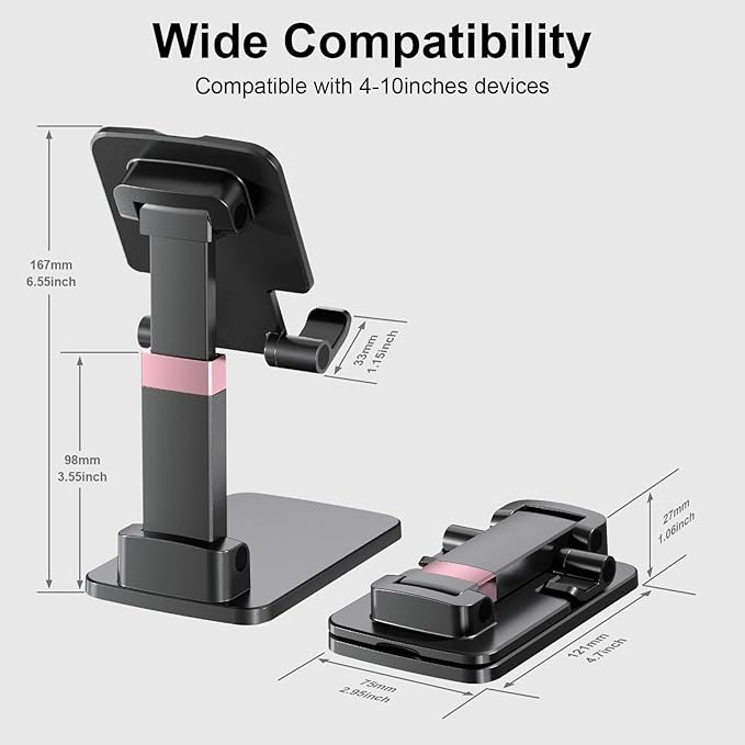 Phone Holder for Desk Cell Phone Holder Height Angle Adjustable Stands, Anti-Slip Base, Compact Design for iPhone Android Devices,Black & Purple,2Pack