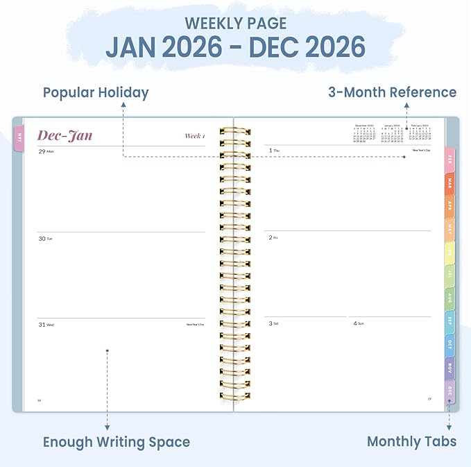 2026 Planner, Annecy Weekly ＆ Monthly Planner 2026, Jan. 2026 – Dec. 2026, 6.4" x 8.3" Monthly Agenda Planner with Tabs, Waterproof Flexible Cover, Spiral Binding, Double-sided Pocket, Bookmark, Blue