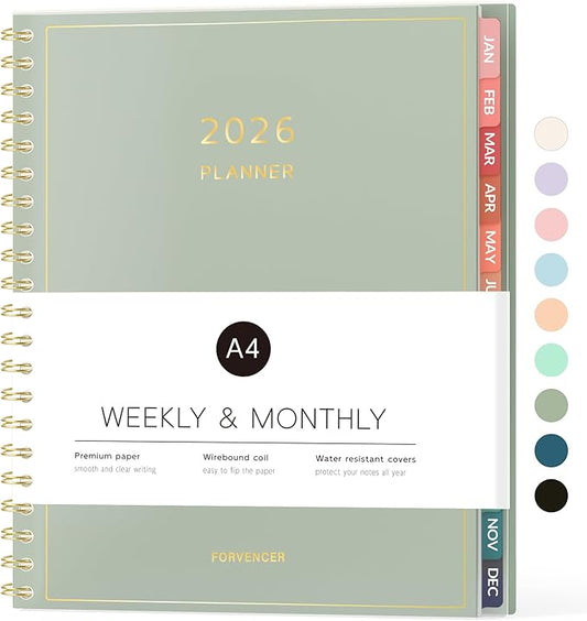 2026 Planner, Forvencer Calendar Planner Weekly and Monthly (Jan 2026-Dec 2026), 8.5" X 11", Agenda Book, Daily Journal Notebook with Tabs, Flexible Cover, Home School Organizer, A4, Green