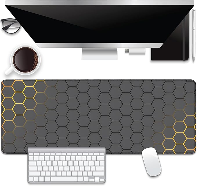 Black Gold Honeycomb Desk Pad Mouse Pad,Extend XL Mouse Mat with Stitched Edges,Non-Slip Rubber Base Large Mousepad for Office PC Keyboard Laptop and Home Work Desk Mat(31.5X11.8 in)