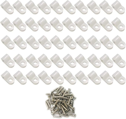 Cable Clamp R-Type Cable Clip Wire Clamp 1/4-inch Nylon Screw Mounting Cord Fastener Clips with Screws for Wire Management - White - 50 Pcs
