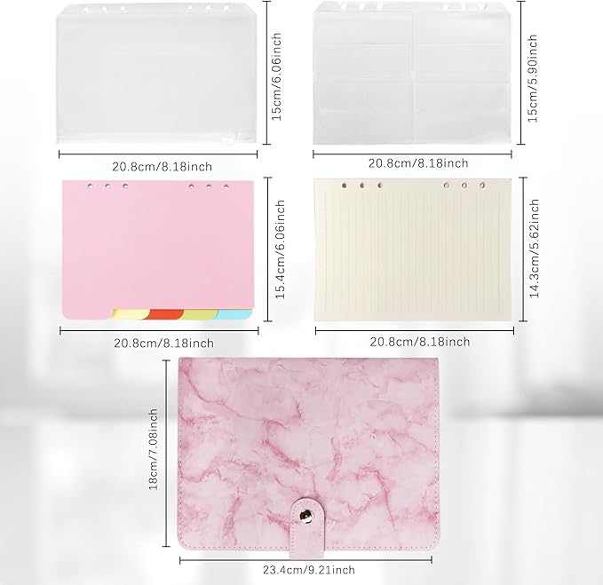 FYY A5 Binder Refillable Planner Notebook 6 Ring PU Leather Binder Journal with Pockets, Dividers, Refill Paper Marble Pink