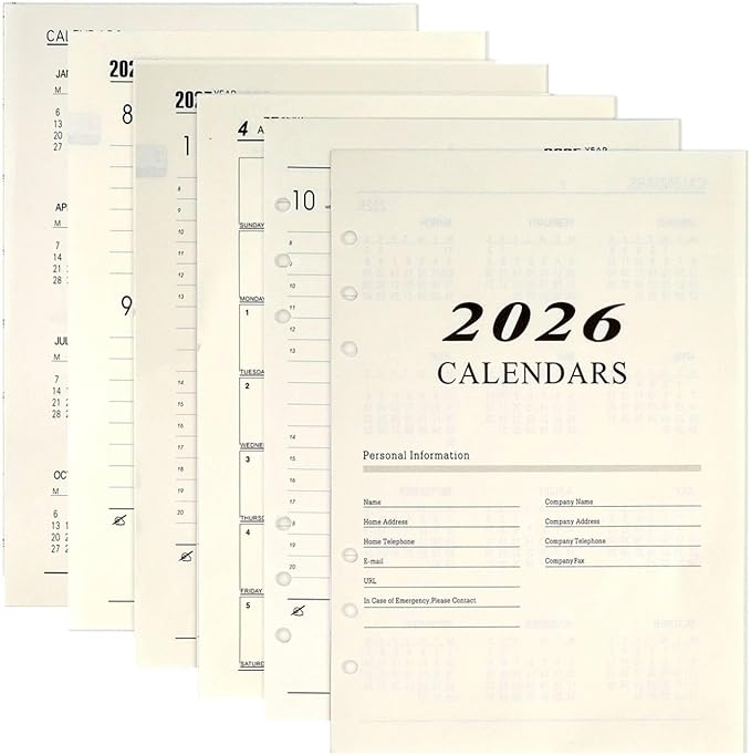 2026 A5 Weekly & Monthly Planner Binder Refill, 5.8"x8.3" 176 Page Planner Refills for A5 Binder, 6-Hole Punched, Daily Planner with Calendar, Contact Pages and Notes (Beige-2026)