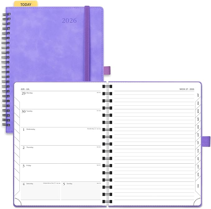 POPRUN 2026 Planner Weekly Notebook (Jan-Dec), Medium 8.5''x 6.5'' - Agenda 2026 Calendar Book with Monthly Tabs, Inner Pocket, Spiral Soft Cover, 100 GSM TJ - Lilac
