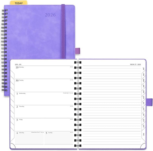 POPRUN 2026 Planner Weekly Notebook (Jan-Dec), Medium 8.5''x 6.5'' - Agenda 2026 Calendar Book with Monthly Tabs, Inner Pocket, Spiral Soft Cover, 100 GSM TJ - Lilac