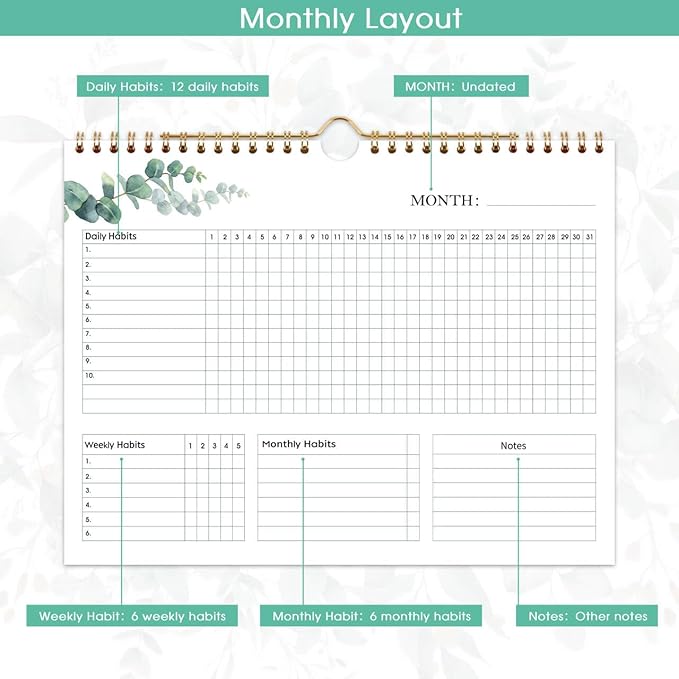 Habit Tracker Calendar - 12 Months Undated Daily Planner, 8"x10", Weekly & Monthly Period Habit Tracker Journal, Floral, Spiral Binding with Writable Goals Habits Track