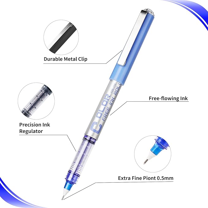 EYEYE 0.5mm Blue Pens Needle Tip, 12 Pack Rollerball Pen Extra Fine Point Quick Dry, Blue Liquid Ink Pens Fine Point Smooth Writing Pen for Journaling, Note Taking, Office, School Supplies