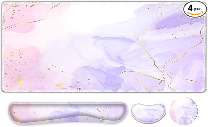 Large Gaming Mouse Pad Set, 4 in 1 Extended Keyboard Desk Mat with Wrist Rest, PC Computer Game Mousepad Set, Non-Slip Desk Pad Easy Typing Pain Relief for Home Office I Pink Purple Marble