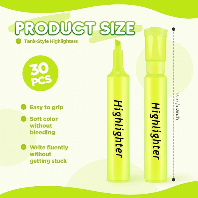 Qilery 30 Pack Highlighters Bulk, Tank Style Chisel Tip Highlighters Markers Pack Quick Drying for Adult Coloring, Home Office Supplies (Yellow)