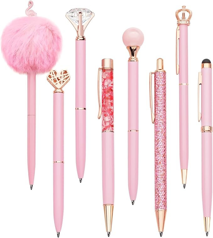 WEMATE 8Pcs Ballpoint Pens Set Metal Crystal Diamond Glitter for Journaling Pink Pen Bling in Black & Blue Ink Pretty Cute Fancy Mothers Day Gift for Women Wedding School Office Desk(Pink)
