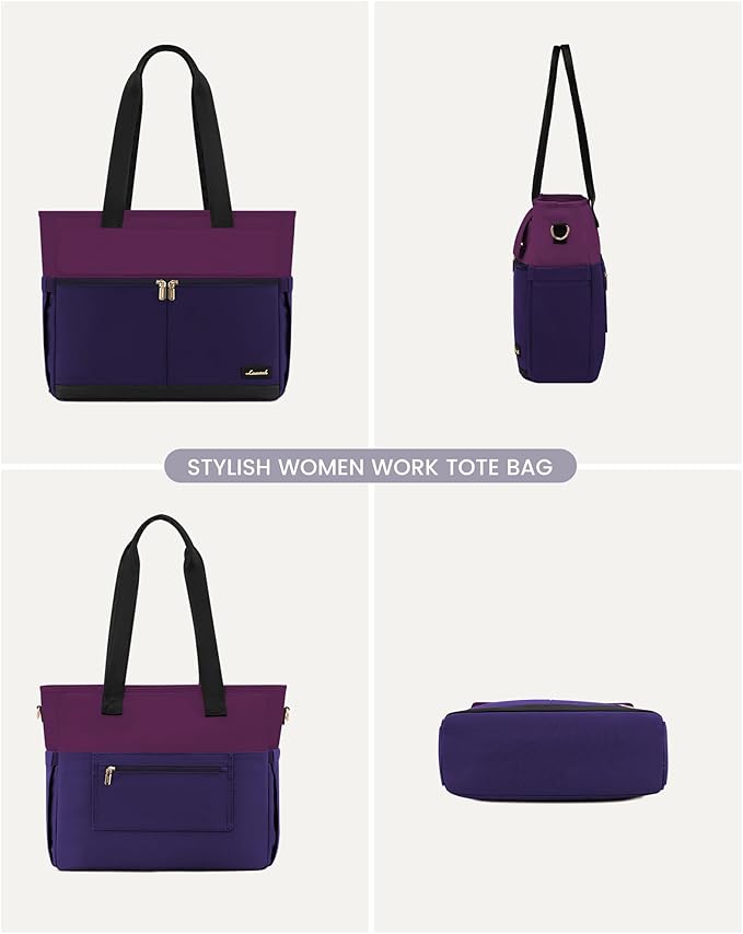 LOVEVOOK Laptop Bag for Women 15.6 Inch Canvas Laptop Large Capacity Work Bags Mutiple Pockets Teacher Bag Water Resistant Computer Bags for Business Travel Nurse, Dark Purple-Black