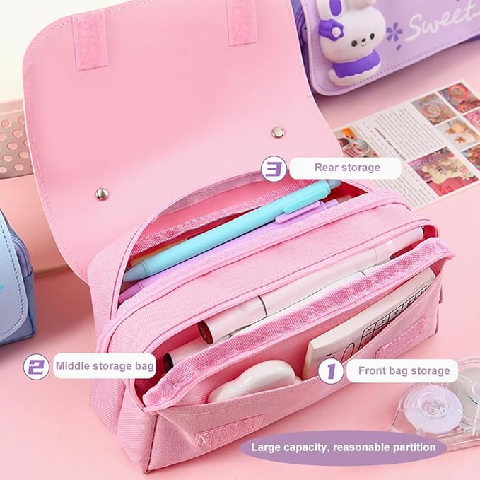 Pencil Case for Girls, Kids Large Capacity Cute Pencil Box with Compartments School Organizer Pen Pouch (Doughnut Pink)