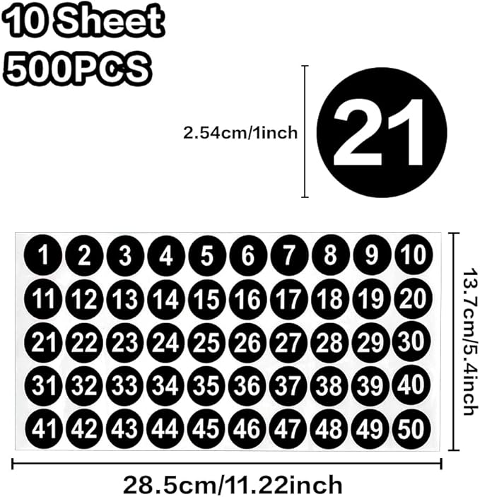 Number Stickers, Consecutive Number Stickers 1-50, 10 Sheets Round Numbers Labels, Black Small Number Sticker Vinyl Numbers Decals for Office, Classroom, Storage, Inventory, Indoor, Outdoor, 1 inch