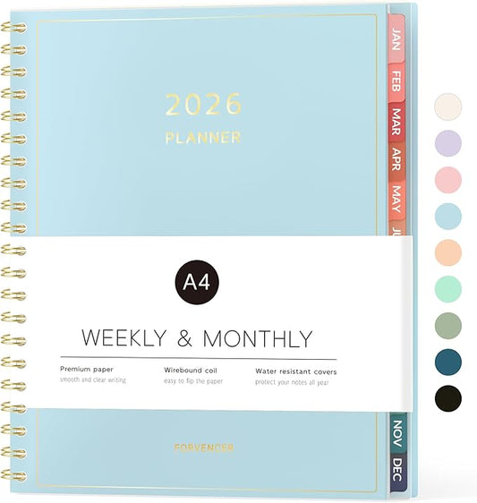 2026 Planner, Forvencer Calendar Planner Weekly and Monthly (Jan 2026-Dec 2026), 8.5" X 11", Agenda Book, Daily Journal Notebook with Tabs, Flexible Cover, Home School Organizer, A4, Light Blue