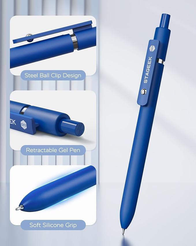Blue Gel Pens, 12Pcs Quick Dry Blue Ink Pens with 3 Extra Refills, Fine Point Retractable Smooth Writing Pens for Journaling, Office, Note Taking, School Supplies, Nurse Aesthetic(Blue)